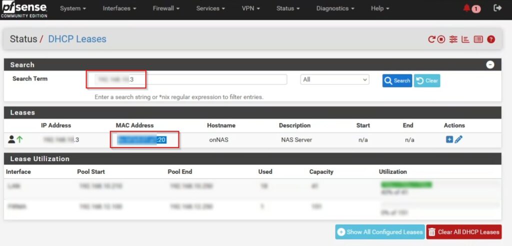 PFSENSE DHCP Server Leases (IP und MAC Adresse)