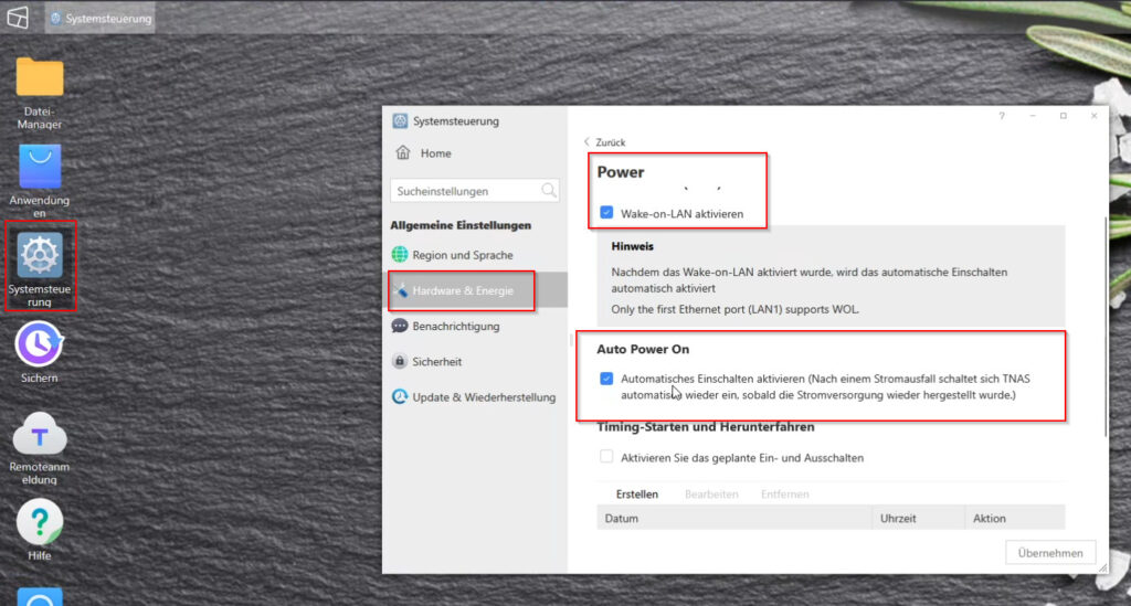 Auswahl Wake on Lan im TNAS